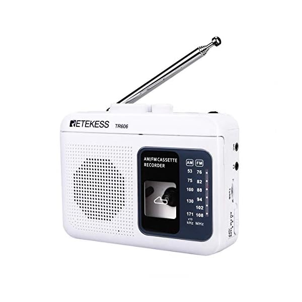 Retekess TR606 Cassette Tape Player, Cassette Player Recorder, Built-in Speaker, AUX/Microphone Jack, Support AUX Line in Record, AM FM Radio, Powered by DC or AA Battery (White)