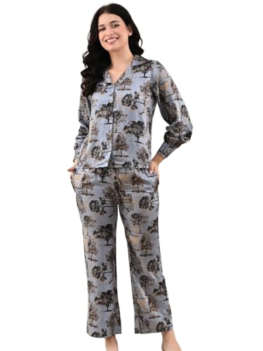 UNIfringe Sleeve Tree Printed Rayon Women's Night Dress Set – Soft & Breathable Corset for Women for Comfortable Sleep | Night Suit for Women | Night Pants for Woman | Woman Night Dress Set Grey