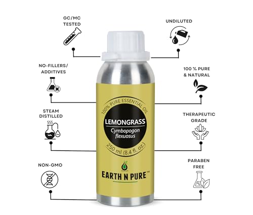 Image of Earth N Pure Lemongrass Essential Oil - Steam Distilled for Fresh Aroma, Focus & Relaxation - 100% Pure & Undiluted | 250ml