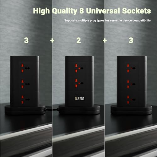 Image of ZEBRONICS Power Block 385, Tower Extension Board /Strip, 2500 Watts, 10 Amps, 1x Type C Port, 8X Universal Socket, 2X USB Port, LED Indicator, Digital Counter, On /Off Switch, 5 Meter, Black