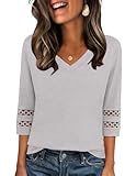 Zeagoo V Ausschnitt Oberteile Damen 3/4 Arm Casual Bluse Lochstickerei Tunika Shirt Sommer Ösen Locker Damenblusen Hellgrau L