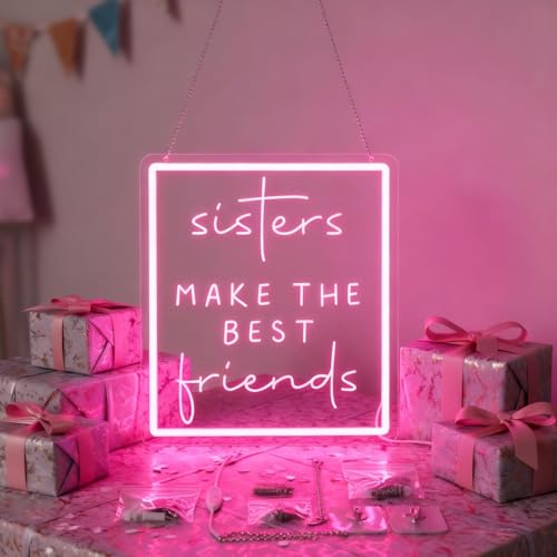 Image of Sisters Make The Best Friends Neon Sign, Pink Led Wall Decor for Bedroom, Gift for Sister, Best Friend, BFF, USB Dimmable Aesthetic Room Decor for Girls, Unique Friendship Gift (13.8 inchx12.4 inch)