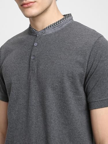 Image of Dennis Lingo Men's Cotton Grey Solid Regular Fit Mandarin Collar Short Sleeve Polo Tshirt