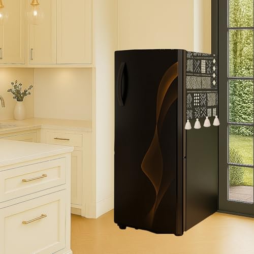 Image of Triple Door Fridge Cover 100-250L | 450 GSM Durable Fridge Top Cover with Tassels & Pockets | Fits Godrej, LG, Haier, Samsung Models | Dustproof Refrigerator Cover in Mud Cloth | WWW.THROWPILLOW.IN