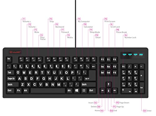New 2019 104-Key Large Print USB Wired 7ft, Spill-Resistant, Sleek Black, Durable Keyboard