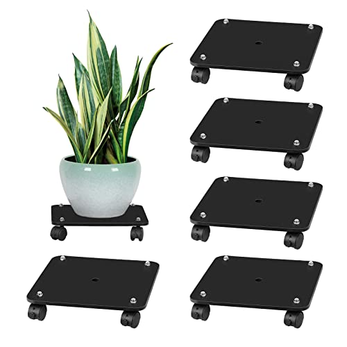 6 Pack Plant Stand With Wheels 11.8’’ Bamboo Rolling Plant Stands Square Plant Caddy Base With Lockable Caster, Black Potted Planter Dolly For Heavy Duty Flower Pots Outdoor Indoor Garden Patio #TOP27