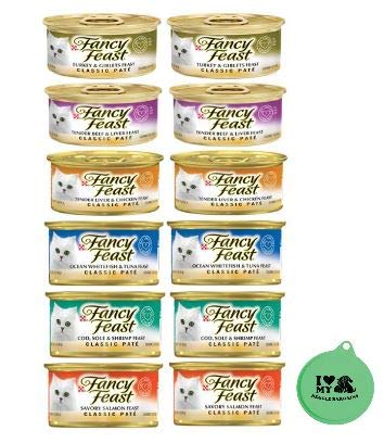Purina Fancy Feast Classic Pate Grain Free Wet Canned Cat Food Variety Pack - 6 Flavor Bundle, 3 Oz Each - Pack of 12 Plus Can Cover (13 Items Total)