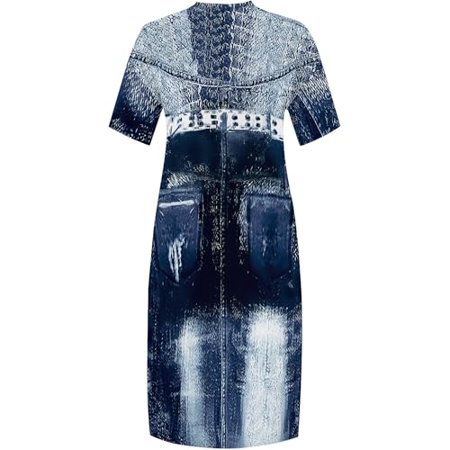 Image of SUZONANA Plus Size Denim Print Shirt Maxi Dresses for Curvy Women Casual Blue Jean Summer Outfits Long Short Sleeve Dress with Pockets Ladies 4XL
