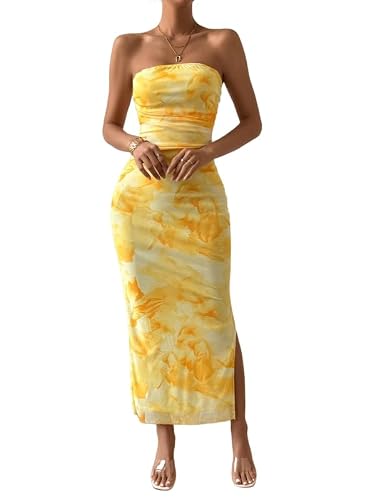 Sukiglam Robe Femme Sexy sans Bretelles Imprimé Tie Dye Robes Longue Tube sans Manches Elégant Robe Moulante D'éte Dos Nu Maxi Robes Fendue Casual Bodycon Prom Dress de Soirée Cocktail Clubbing Fête