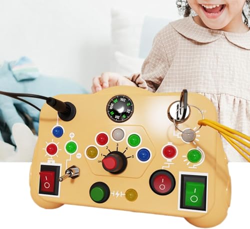 Image of SHINETOY Busy Board, Montessori Toys, LED Busy Board for Toddlers, Light up Sensory Toys with 8 Switches and 12 LED Lights, Gifts Toy for Babies Boys and Girls, Yellow