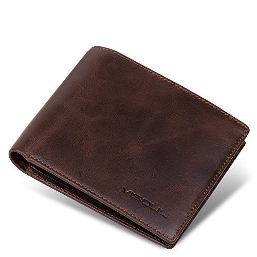 VISOUL Cartera para Hombre Piel Genuina Billetera Hombre de Cuero de Tarjetero con Protección RFID Carteras Bifold para Hombres Joven Monedero de Cuero con 12 Ranuras para Tarjetas (Café)