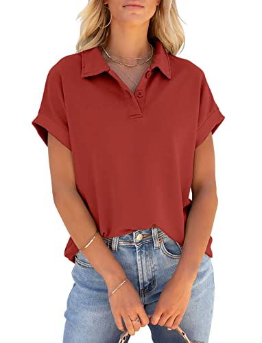 Pgands Women's Short Sleeve Polo Shirts Summer Collared Button Down Top Casual V Neck Loose Fit T Shirt #TOP2