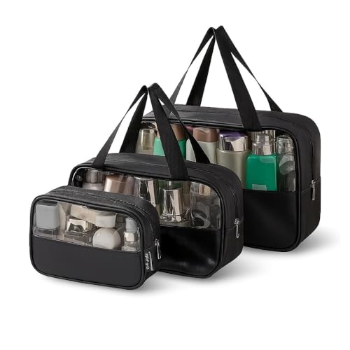 Kit Necessaire 3 em 1 Bolsa de Viagem para Maquiagem e Higiene Pessoal Unissex Washbag Transparente – Grande Capacidade Organizador em PVC Impermeável Ideal para Academia, Mala, Mala de Mão (Preto)