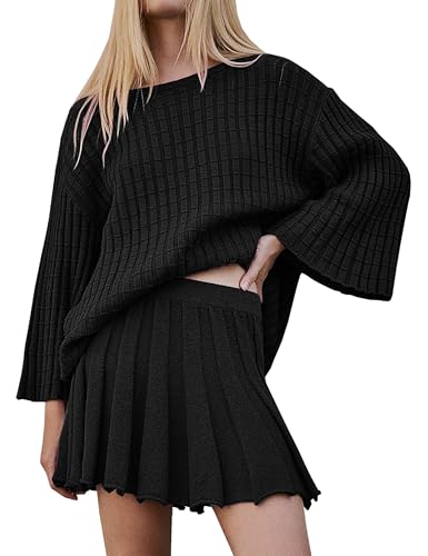 Image of Sweater Set 2 Piece Skirt Sets for Women Two Piece Outfits Casual Loose Knit Pullover Mini Skirt