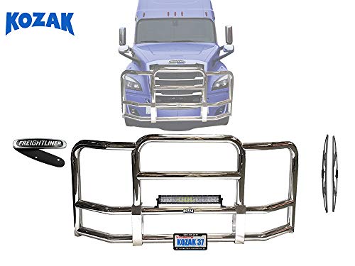 KOZAK Full Front Bumper Grille Deer Brush Moose Guard for Freightliner Cascadia 2018-2021 - Chrome Square - 22 LED Bar, License Plate Holder, Brackets,Included -Freightliner Truck Accessories