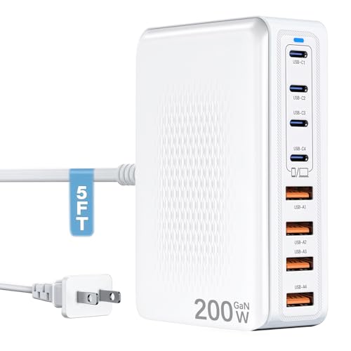 USB C Charger Block Charging Station-200W Fast GaN 8-Port Multiple Devices USB Charging Hub,65W...