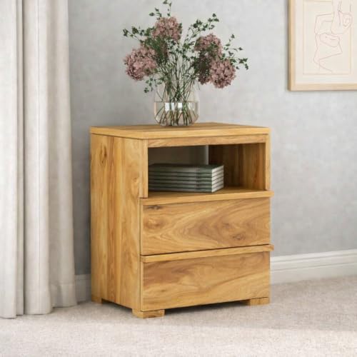 Image of Premium Solid Wood Bedside Table with 2 Drawer & 1 Open Shelf | Modern Wooden Nightstand for Bedroom | Bedside Storage Table for Home & Hotel (Natural Finish)