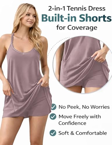 Image of Womens Athletic Sundress with Built-in Shorts Golf Tennis Romper | Sleeveless Mini Spaghetti Strap dress Functional side pockets tummy-friendly fit casual beach vacation