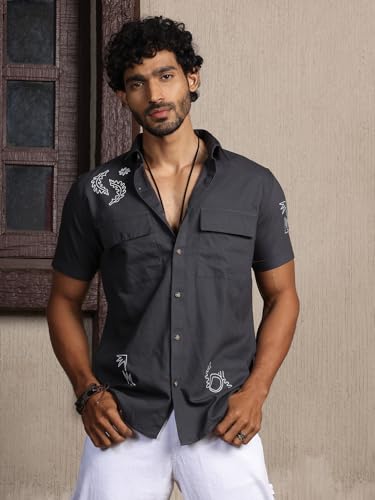 Image of Thomas Scott Men's | Embroidered Printed | Half Sleeve | Regular Fit | 100% Cotton | Double Pocket | Spread Collar | Casual Shirt