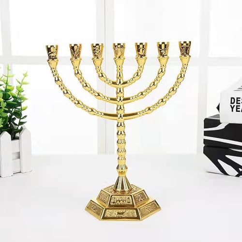 AIM & GGKK Jewish Candle Sticks Menorah 7 Branches - 12 Tribes of Israel Candle Holder for Hanukkah and Kwanzaa Jerusalem Temple Menorah (8 Inches Gold)