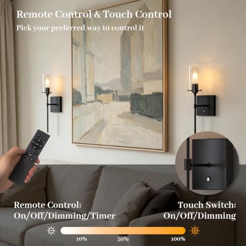 Image of Modern Battery Operated Wall Sconces Set of 2, Wireless Rechargeable Wall Light with Remote Control, Dimmable 3000K /4500K /6000K Cordless Glass Sconce for Bedroom Living Room Bathroom Hallway Entryway