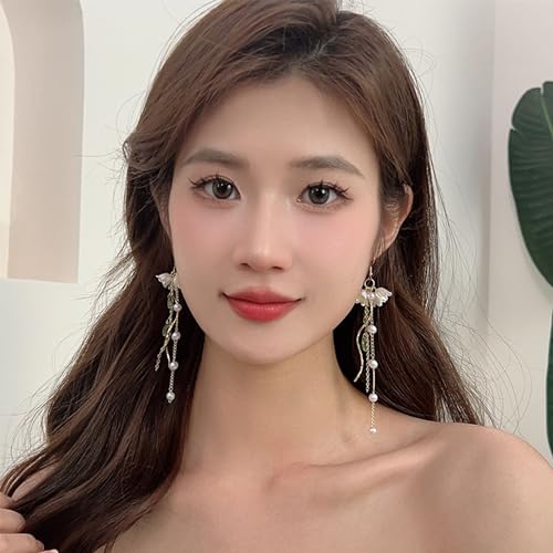 Orchid Flower Dangle Drop Hook Earrings Pearl Crystal Threader Tassel Dangling Wedding Studs Earrings Jewelry for Women4