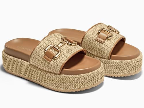 Image of Coutgo Womens Platform Sandals Raffia Espadrilles Metal Chain Slip on Open Toe Cute Beach Slide Sandals