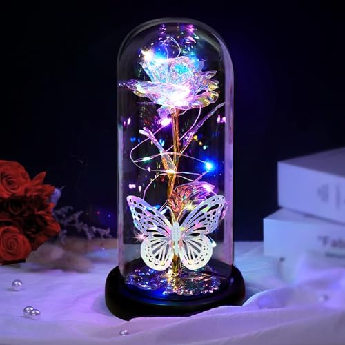 Mothers Day Rose Flowers Gifts for Mom from Daughter,Butterfly Birthday Gifts for Women, Mom Gifts for Mothers Day Wife Sister Her Grandma Mother Presents, Galaxy Light Up Rose Flower in Glass Dome