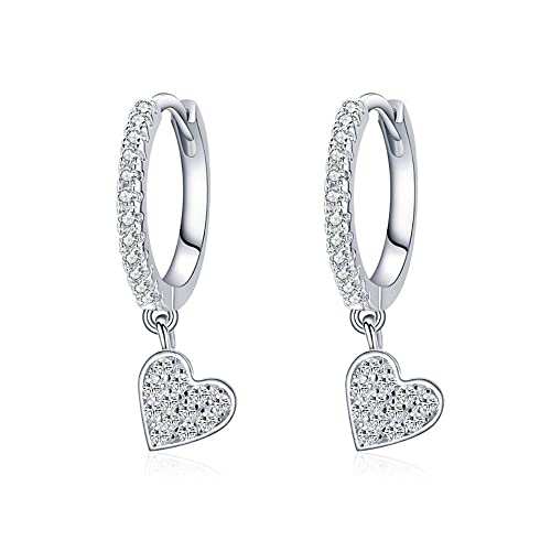 Pendientes de aro colgantes de corazón de plata 925 con diamantes de imitación