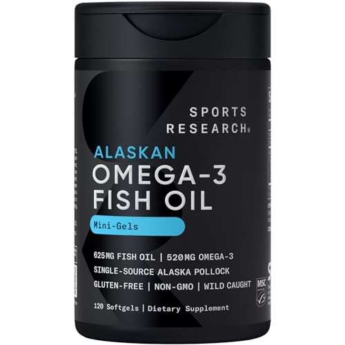 Sports Research® Omega-3 ­­Fish Oil Mini-Softgels - Sourced from Wild Caught Alaska Pollock - Burpless, Bovine Free, Non-GMO, & MSC Certified Sustainable - 120 Count