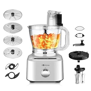 Homtone 16 Cup Food Processor, Aluminum-Diecast Food Processors, 5 Preset Modes Vegetable Chopper Electric, 8 Blades 11 Functions for Home Use, Stepless Speed Control, 650W, Sliver