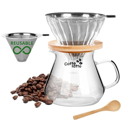 Caffè Latte | Cafetière Manuelle 600ml en Verre – Machine à Café Portable avec Filtre Inox Réutilisable – Coffee Maker, Piston, Expresso, Cafetière...