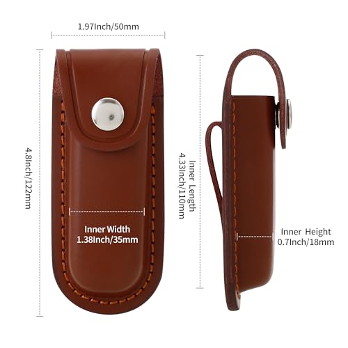 Image of Pocket Knife Sheath, 4 inch Folding Pocket EDC Knife Case, Portable Pouch Knife Leather Holster with Snap Closure and Belt Loop, Accessory for Outdoor Climbing, Camping, Cycling and Hiking, Brown