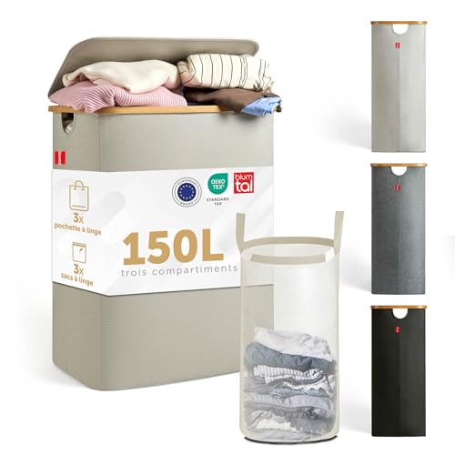 Blumtal® Panier a linge 3 compartiment 150L - Panier rangement lavable avec filet à linge détachable - panier à linge avec couvercle & bord en bambou - panier a linge bambou - paniers à linge - beige