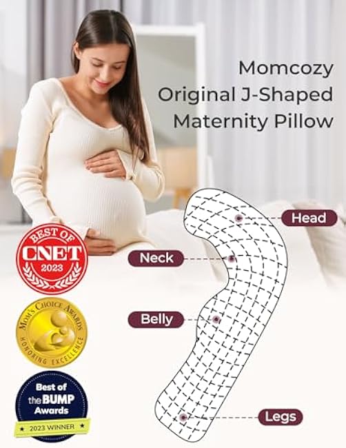 Momcozy Pregnancy Pillows for Side Sleeping, J Shaped Maternity Body Pillow for Pregnancy, Soft Pregnancy Pillow with Jersey Cover for Head Neck Belly Support, Grey