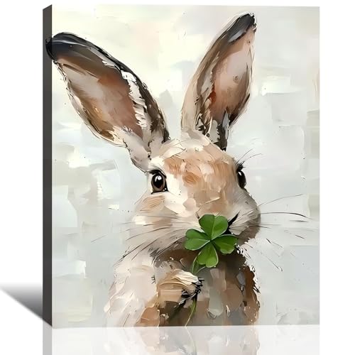 Large Modern Easter Bunny Shamrock Painting Canvas Prints 24x36, Easter