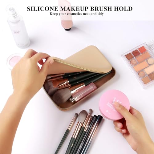 Image of INOVERA (LABEL) Makeup Brush Holder Pouch Case for Travel - Silicone Cosmetic Brushes Kit - Travelling Make up Organizer Bag (Khaki)