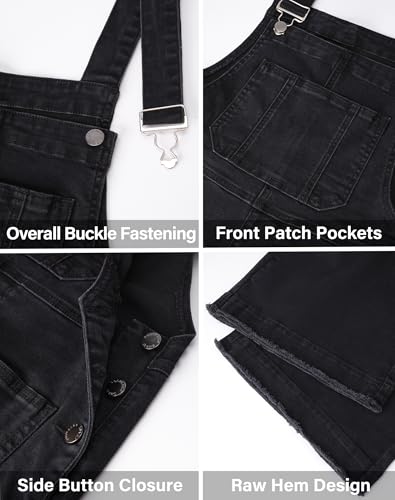 roswear Women’s Denim Overalls Loose Fit Stretchy Baggy Overall Bib Wide Leg Casual Jean Jumpsuits, Black, Large