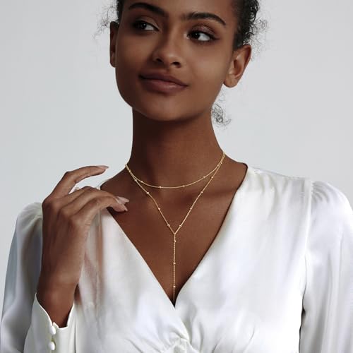 luxval lariat gold necklace for women dainty long necklace 14k gold platedsilver y-shaped pendant necklaces trendy beaded chain drop necklaces jewelry for women gifts