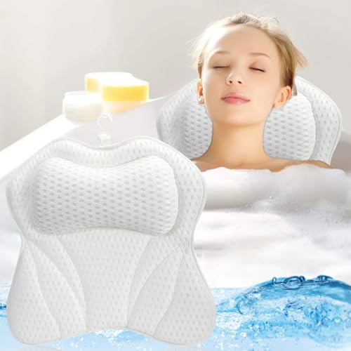 4D Ergonomique Oreiller Bain avec 6 Ventouses Puissantes, Coussin Baignoir pour Soutien Tête Nuque Epaules Dos,Oreiller Baignoire Maille Aérée Anti-dérapant Amovible,Accessoires pour Spa Home