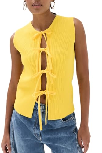 Image of KMBANGI Women Y2K Crochet Vest Top Tie Front Knit Sleeveless Tank Top V Neck Button Down Crop Top Streetwear(H-Knittd Tank Vest Top Yellow,S), Small