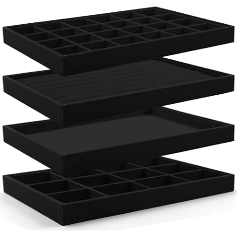 Lainrrew Jewelry Tray, 4 Pack Jewelry Organizer Velvet Jewelry Tray Stackable Jewelry Trays, Necklace & Earring Holder, Divided Bracelet & Ring Storage, 13.8"x9.5"x1.2" - Elegant Display Case (Black) Cover