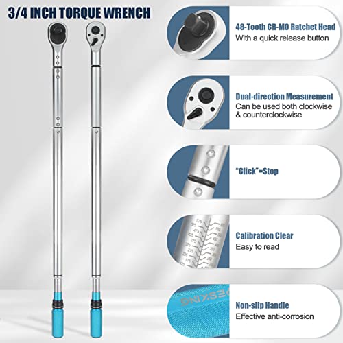Yesking 3/4-Inch Drive Click Torque Wrench, 48-Tooth High Accuracy Torque Wrench Set With A Hex Key 100-600Ft.lb / 135-815Nm #TOP1
