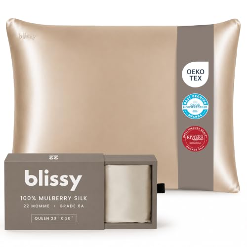 Blissy Silk Pillowcase - 100% Pure Mulberry Silk - 22 Momme 6A High-Grade Fibers - Silk Pillow Cover for Hair & Skin - Regular, Queen & King (Champagne, Queen)