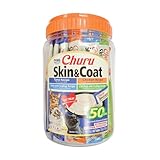 INABA Churu Lickable Purée Natural Cat Treats for Skin and Coat with Omega Oils, Taurine and Vitamin E, 0.5 Ounces Each Tube, 50 Tubes, Skin & Coat Variety