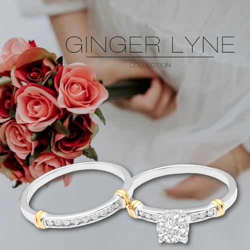 Abigail Wedding Ring Set for Women by Ginger Lyne| Sterling Silver Engagement Ring by Ginger Lyne | Solitaire Cubic Zirconia Wedding Band Two Tone with Gold Accents| Promise or Bridal Set for Her3