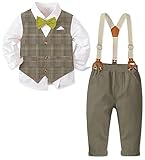 Baby Boys Clothes Gentleman Outfit with Dress Shirt, Bowtie, Fashion Vest and Suspender Pants Sets, Grey Plaid, 9-12 Months = Tag 70