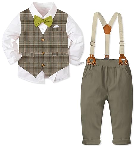 Baby Boys Clothes Gentleman Outfit with Dress Shirt, Bowtie, Fashion Vest and Suspender Pants Sets, Grey Plaid, 9-12 Months = Tag 70