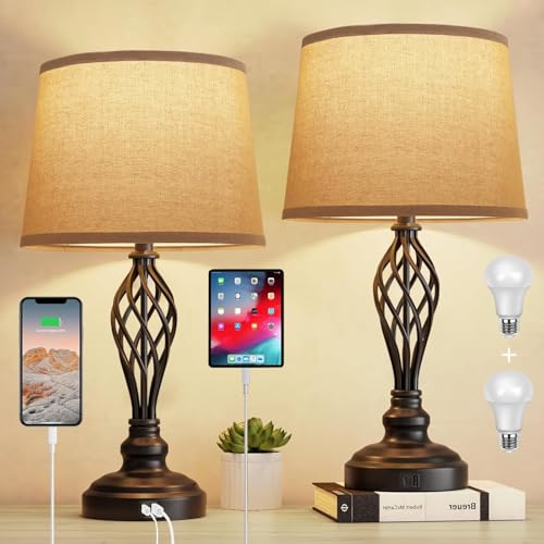 Touch Control Table Lamps for Bedroom Set of 2 with USB C+A Ports Bedside Lamps with 3-Color Temperature Spiral Cage Base Fabric Shade Nightstand Lamp for Living Room Reading Bed Side End Table