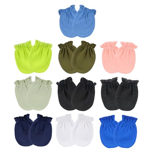 Mikovivi 10 Pares de Manoplas para Bebé, Algodón Antiarañazos con Puños Elásticos Suaves y Transpirables para Niños y Niñas de 0 a 6 Meses